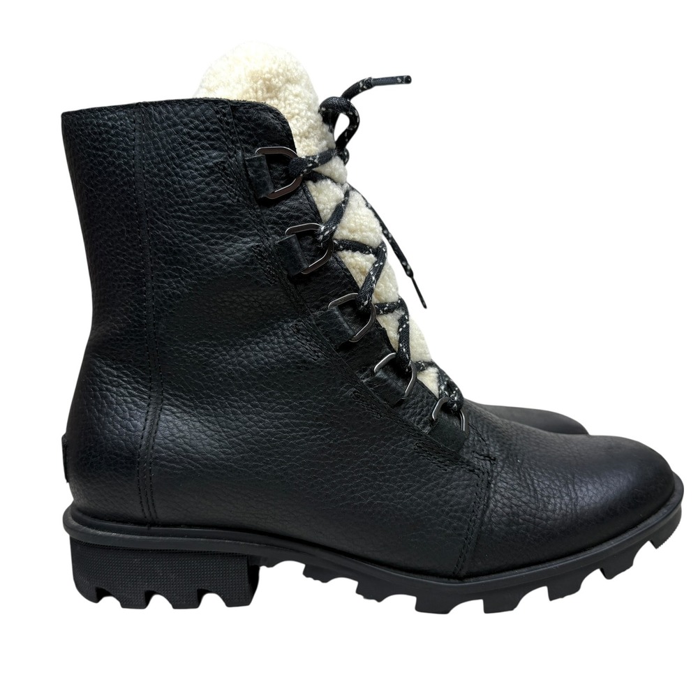 Sorel Joan of Arctic Wedge Moto Boots Black Leather Faux Fur Women US 10.5^